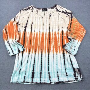 Tryst Top Women Plus Size 0X Orange Turquoise Tie Dye Cotton 3/4 Sleeve 9297TMDS